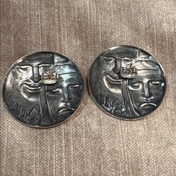 Vintage Nordic Style Viking Earrings – Epic Loot Shop Rare 70’s Vintage Silver Vikings Round Lightweight Drama Mask Earrings